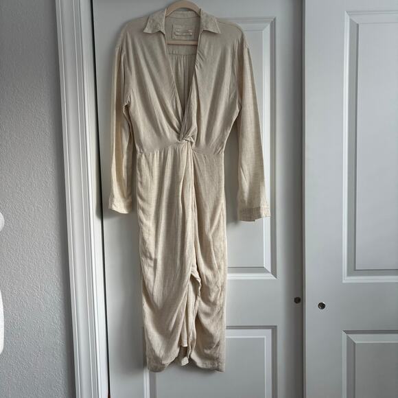 By Anthropologie V-Neck Knot Front Linen Midi Dress 6P Cream Minimalist Neutral - Picture 3 of 13